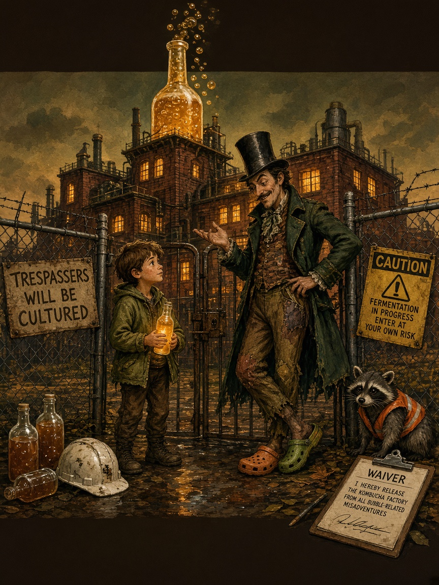 James holds a glowing Golden Scoby bottle at the gate of Willy Wonkler’s kombucha factory. Mr. Wonkler stands in a top hat and mismatched Crocs. A raccoon in a tiny safety vest sits by a waiver. The fence sign reads TRESPASSERS WILL BE CULTURED.