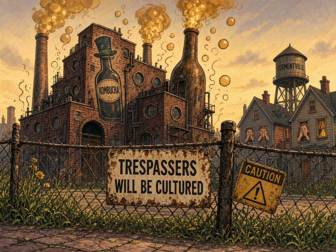 The mysterious kombucha factory of Mr. Willy Wonkler stands behind a chain-link fence in Fermentville. A sign on the fence reads TRESPASSERS WILL BE CULTURED. Neighbors hold their noses as fizzy amber fumes rise from the chimneys.