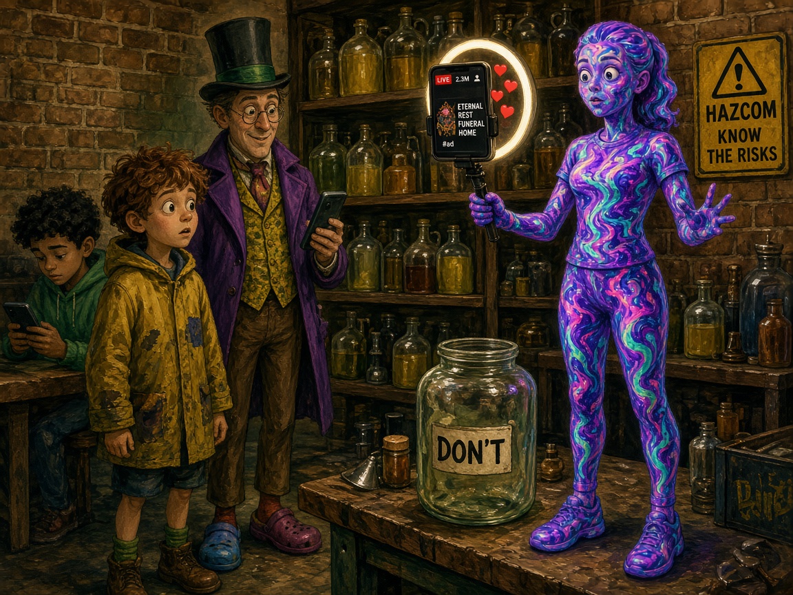 Violet Bluetooth stands frozen mid-livestream, turned shades of violet and colors not found in nature. Her phone still shows LIVE with millions of views and a funeral-home ad. The empty DON'T jug sits on the lab bench. James looks stunned. Mr. Wonkler checks the view count.
