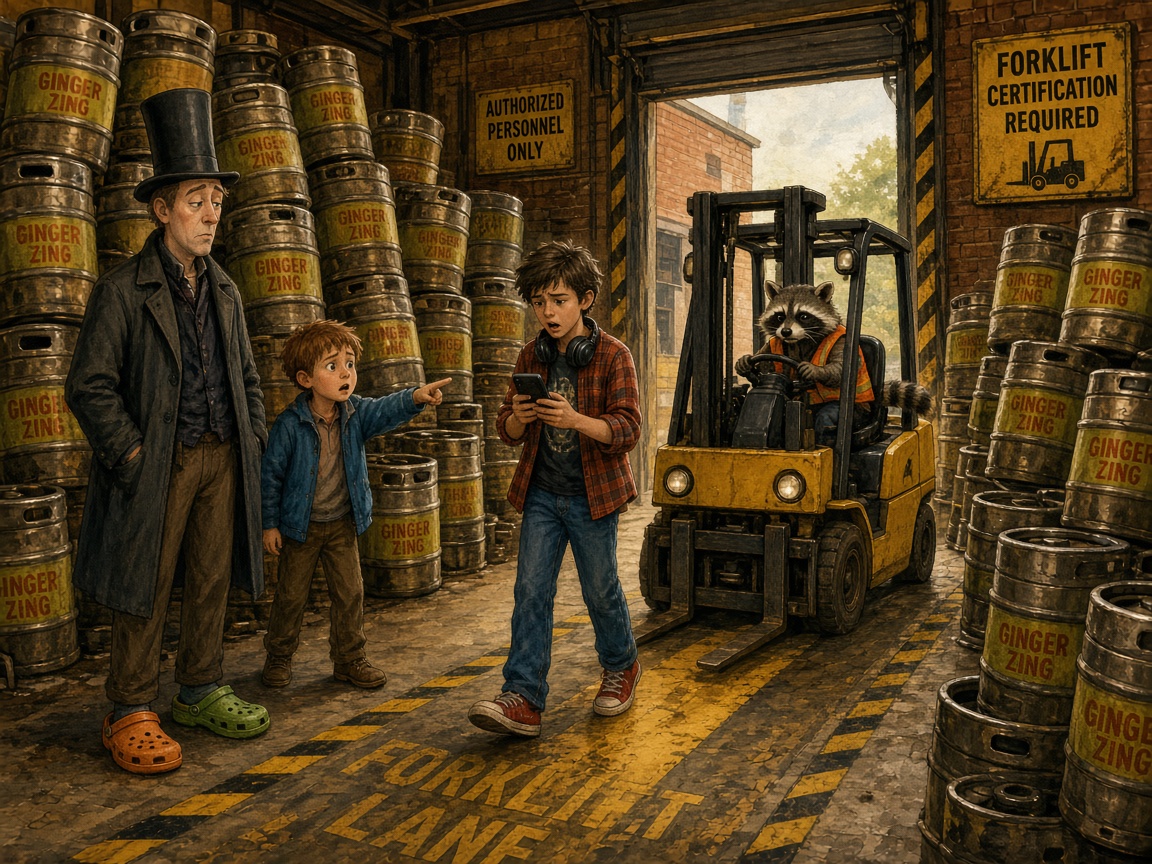 On the Loading Dock, Mike Teavee wanders into a yellow forklift lane staring at his phone. A raccoon in a tiny safety vest drives the forklift. Unstrapped kegs tower and lean. James points in alarm. Mr. Wonkler looks unconcerned.