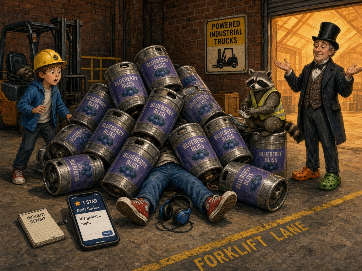 A heap of Blueberry Bliss kegs on the loading dock. Mike Teavee’s sneakers, jeans, and headphones stick out from underneath, his phone still glowing. The raccoon sits on the forklift in a tiny vest, washing its paws. James looks shocked. Mr. Wonkler shrugs.