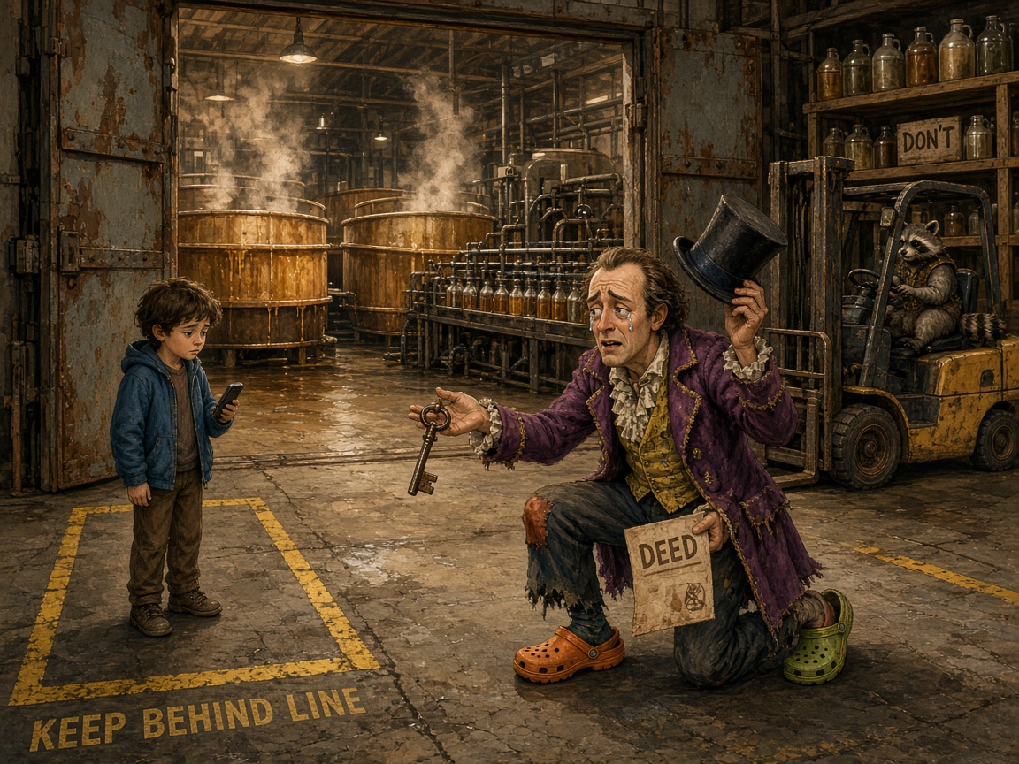 James stands behind the yellow safety lines while Mr. Wonkler, in tears, offers him the factory key. Behind them are the vats, the bottling line, unlabeled jugs, and the raccoon idling on a forklift. James holds a phone, about to make a call.