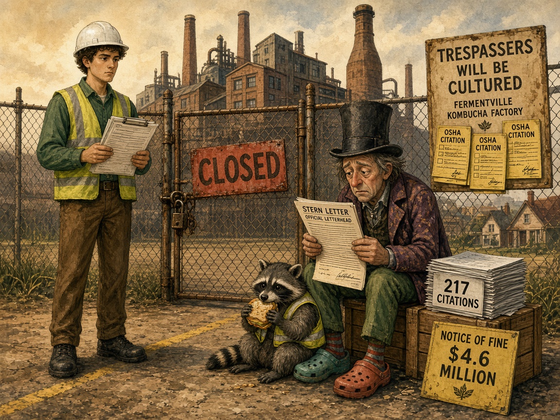 The kombucha factory is locked and marked CLOSED, plastered with OSHA citations. Grown-up James stands as a compliance inspector in a hard hat and high-vis vest, clipboard in hand. Mr. Wonkler sits on a crate reading a stern letter beside a stack labeled 217 CITATIONS and a notice of a $4.6 million fine. The raccoon eats a sandwich in a tiny vest.