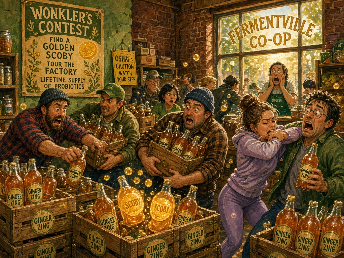 Chaos at the Fermentville Co-op as grown men fight over pallets of Ginger Zing kombucha. Golden Scobys glow inside some bottles. A woman in purple athletic wear bites a stranger’s arm. A contest poster promises a factory tour and a lifetime supply of probiotics.
