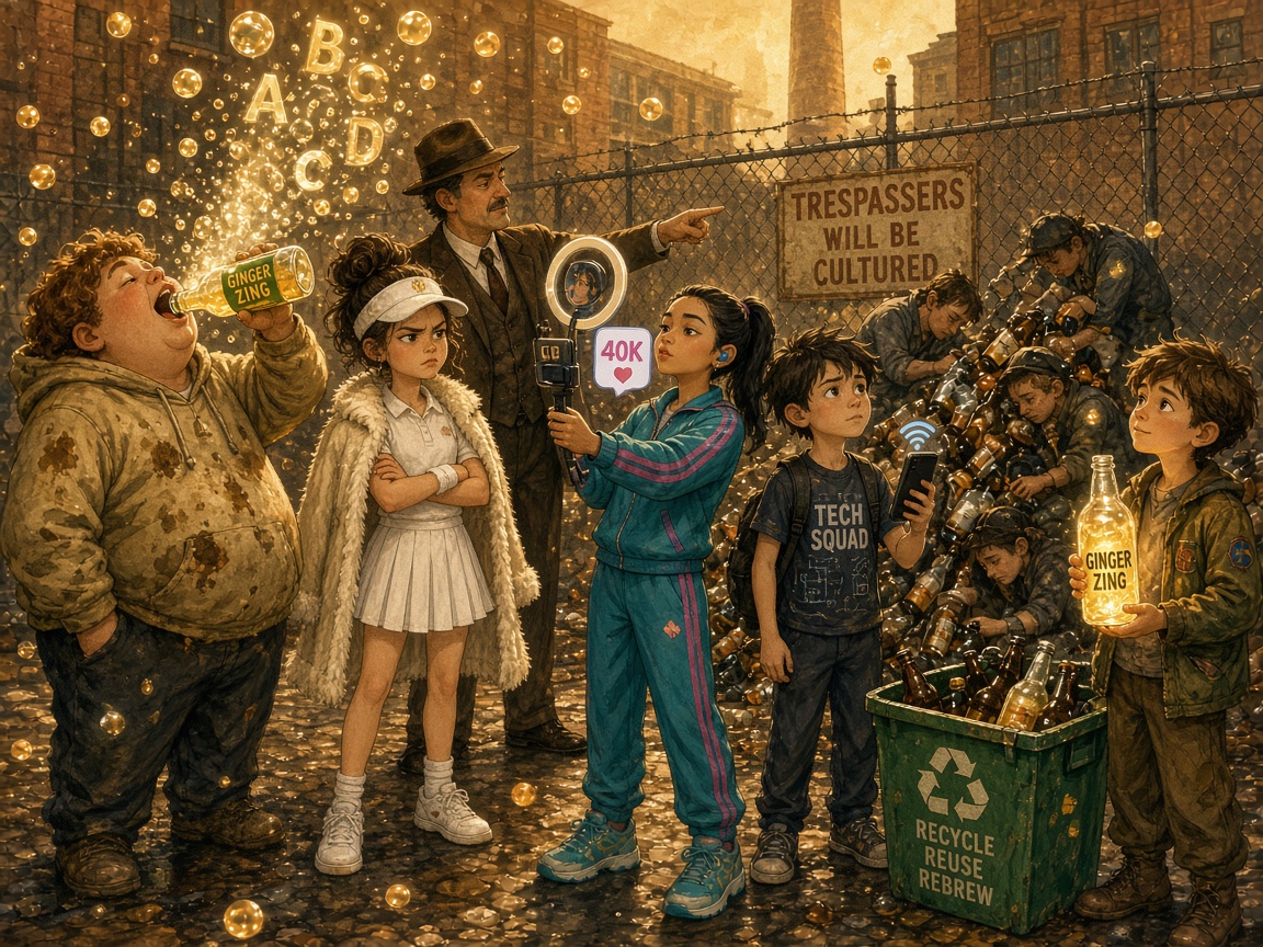 The five Golden Scoby winners stand at the factory fence: Augustus Gulp chugging Ginger Zing and burping letters, Veruca Sodium in a fur-trimmed tennis coat, Violet Bluetooth livestreaming to 40,000 followers, Mike Teavee hunting for Wi-Fi, and quiet James holding a salvaged bottle with a glowing Golden Scoby beside a recycling bin.