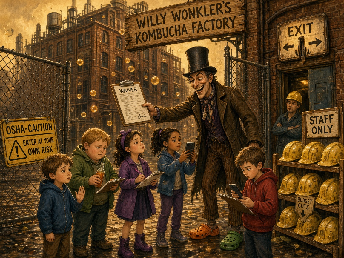 Mr. Wonkler greets the children at the factory gate in a top hat and mismatched Crocs, thrusting unread waivers at them. A rack of yellow hard hats is marked STAFF ONLY and BUDGET CUTS. James looks concerned. A confusing EXIT sign points two ways.