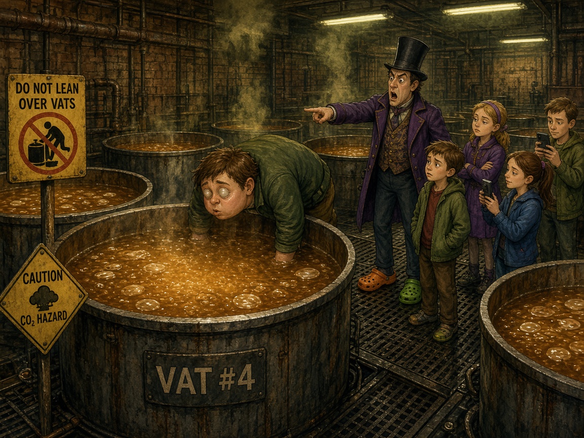 In the Fermentation Hall, Augustus Gulp leans over open Vat #4 of bubbling kombucha while Mr. Wonkler warns him. A sign says DO NOT LEAN OVER VATS. James looks alarmed. The air above the tea looks heavy and shimmering.