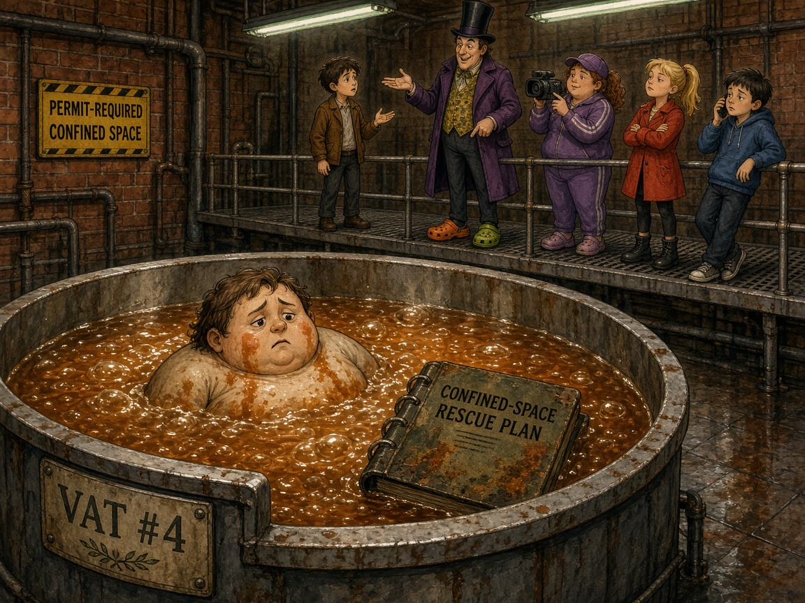 Augustus Gulp sinks into Vat #4 like a dumpling while a binder labeled Confined-Space Rescue Plan floats beside him. James asks if they should get him out. Mr. Wonkler shrugs in a top hat and Crocs. A sign reads Permit-Required Confined Space.