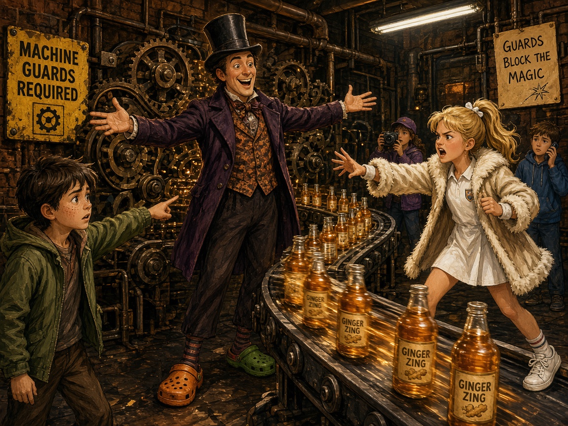 The Bottling Line races past with unguarded gears and rollers in the open air. James points at the missing machine guards. Mr. Wonkler gestures as if the spinning machinery is magic. Veruca Sodium stamps her foot and reaches for the first bottle.