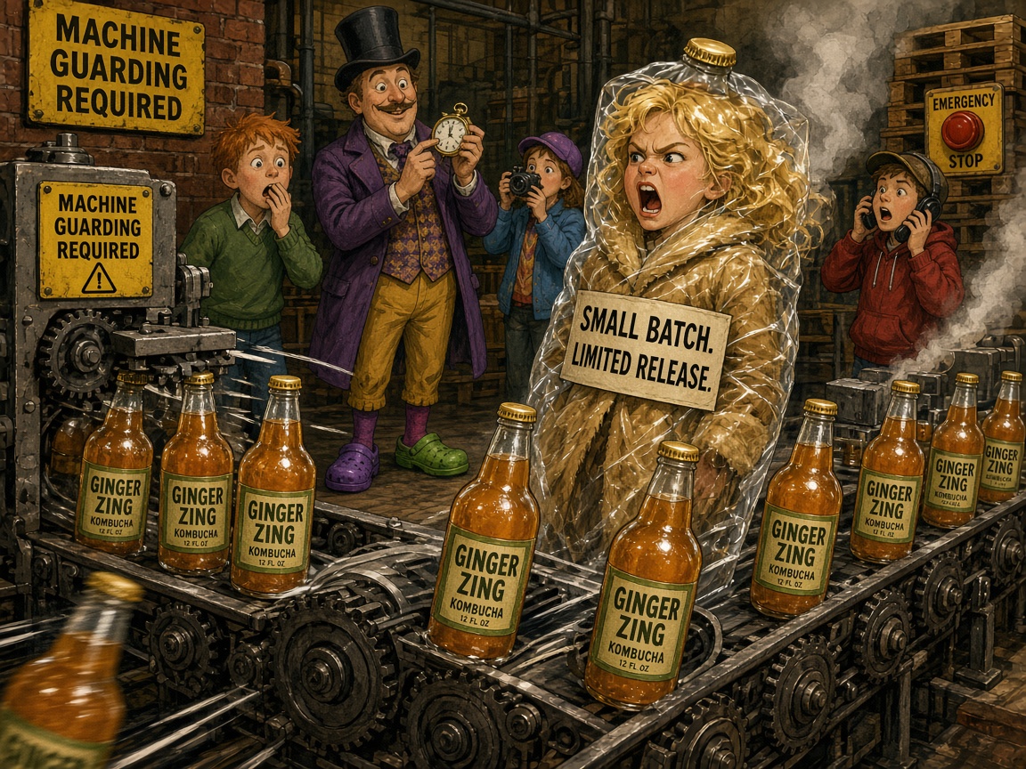 Veruca Sodium stands shrink-wrapped on the bottling line like a product, a cap on her head and a label that reads SMALL BATCH. LIMITED RELEASE. An emergency stop button is blocked behind a stack of pallets. James looks horrified. Mr. Wonkler checks a stopwatch.