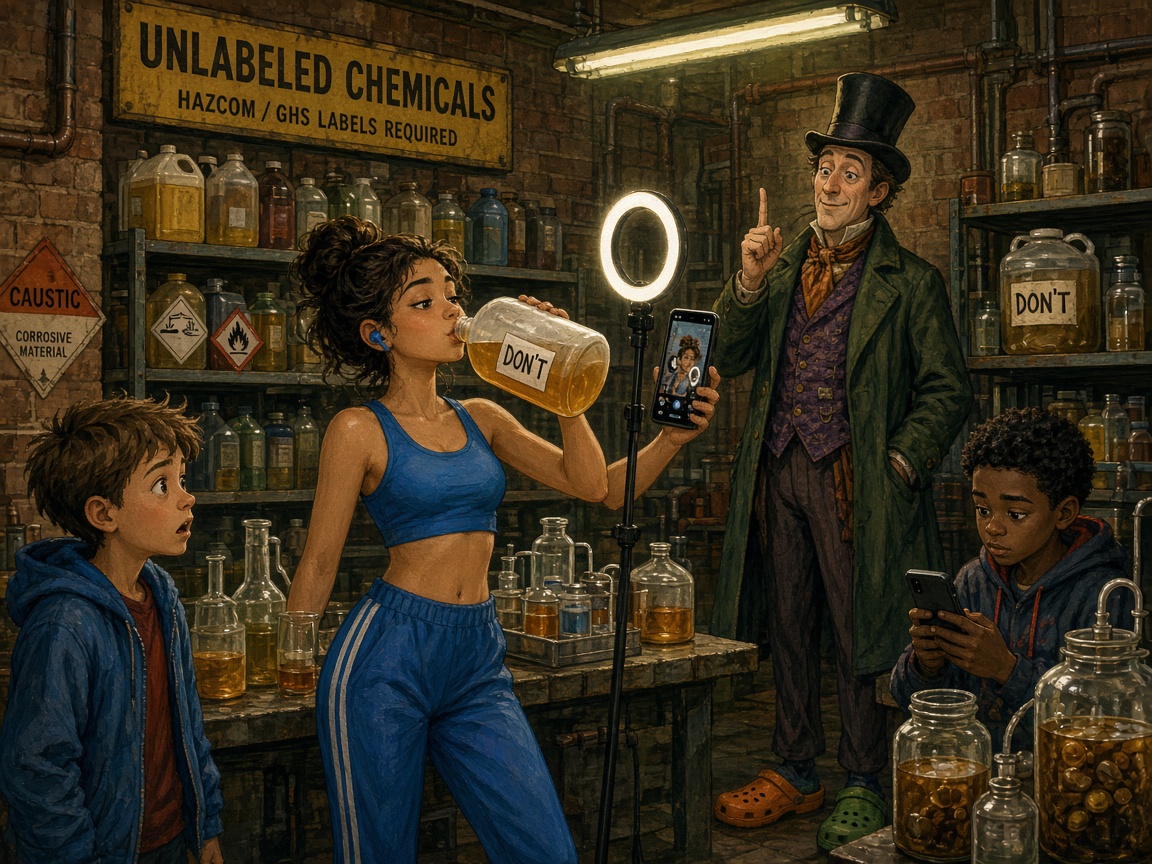 In the Flavor Lab, shelves of unlabeled jugs line the walls. Violet Bluetooth livestreams a blind taste test while chugging from a jug labeled DON'T. Mr. Wonkler raises a mild warning finger. James looks alarmed.